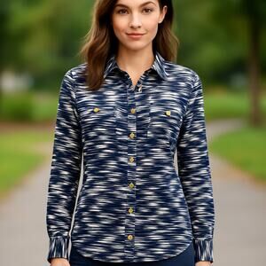 Tory Burch SZ 10 Cotton Brigitt Blouse Navy Space Dye With Gold Logo Buttons